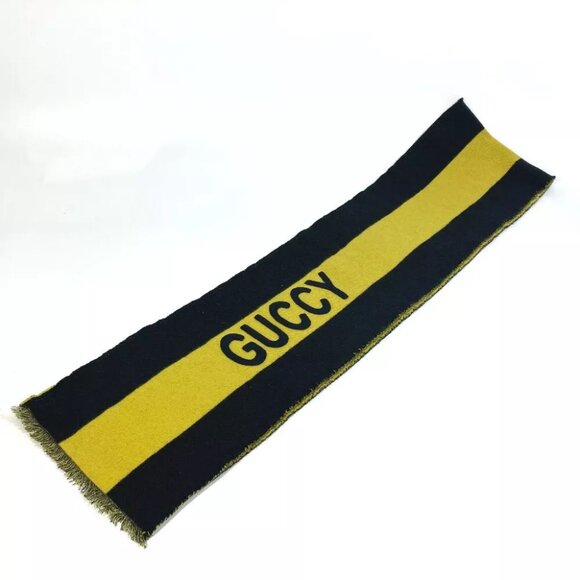 GUCCI fringe bicolor stripes bicolor stripes Scarf wool Black x Yellow - Picture 7 of 9